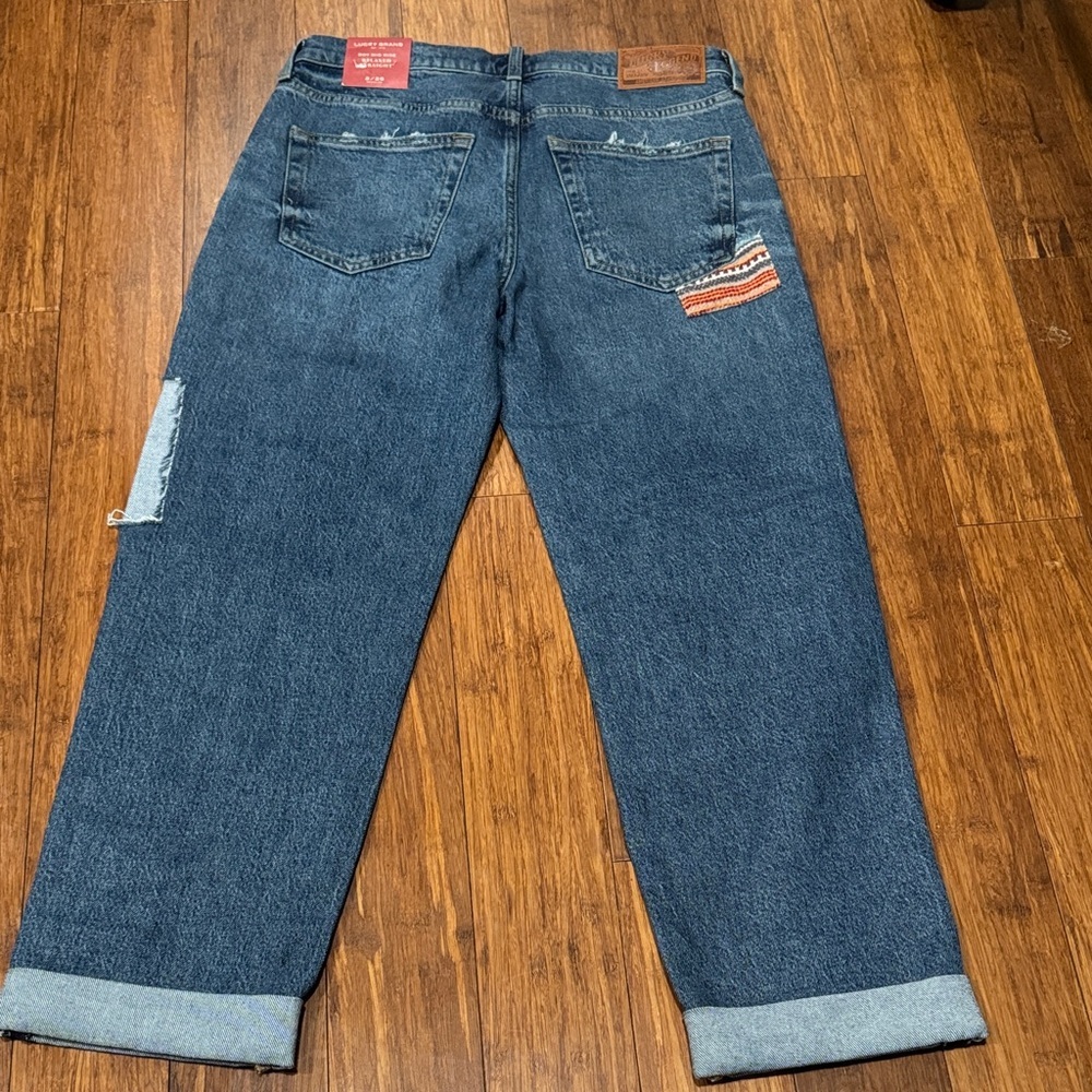 Lucky NWT Woman Mid-Rise Patchwork Straight Leg Boho Boyfriend Jean 2/ 26R - Picture 7 of 7